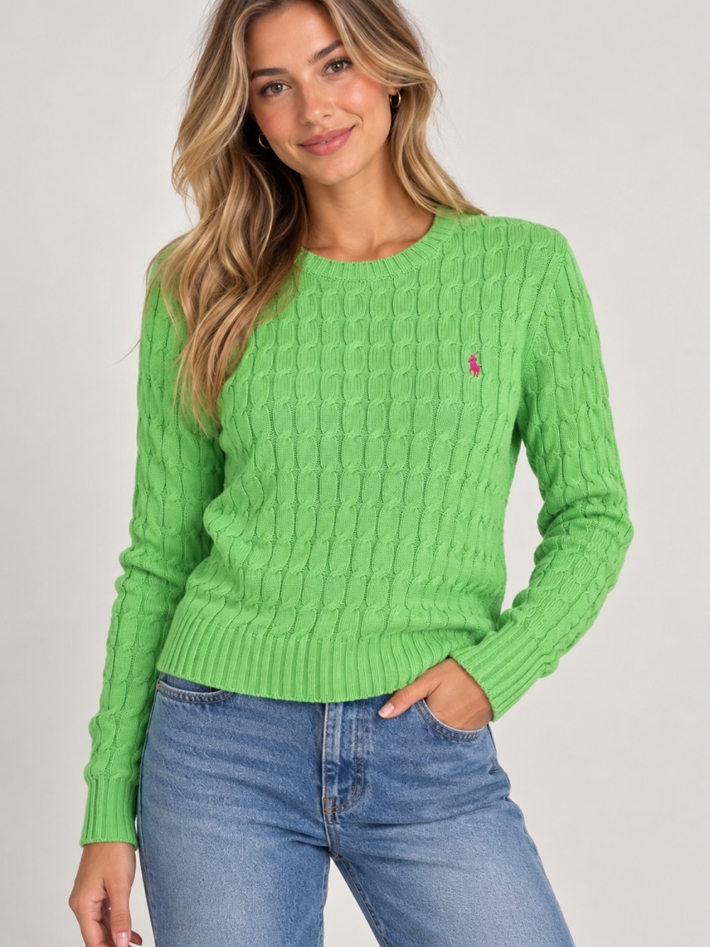 Ralph Lauren Golf Cable Knit Sweater Size Large Green Pink Pony 100% Cotton